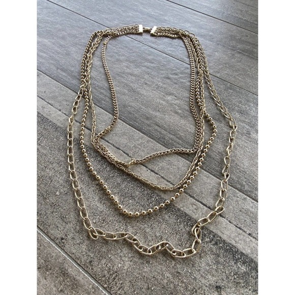 Necklace Multi Strand Gold Tone Vintage Fold Over Clasp Chains - Picture 2 of 6